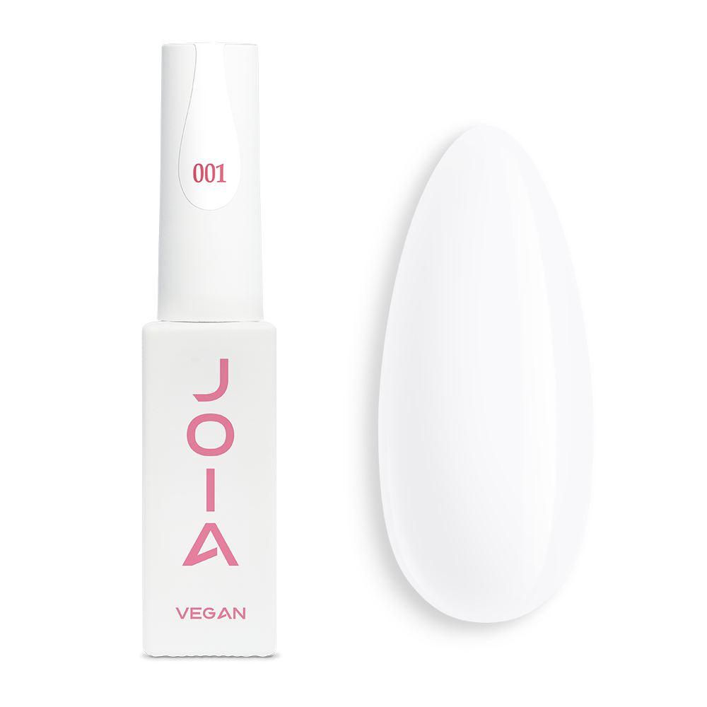 Гел лак 001 JOIA vegan, 6 ml – шишенцето и типсове с нанесен цвят