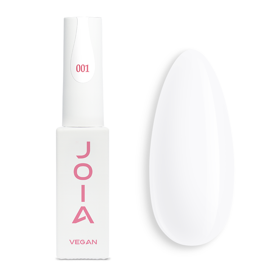 Гел лак 001 JOIA vegan, 6 ml – шишенцето и типсове с нанесен цвят