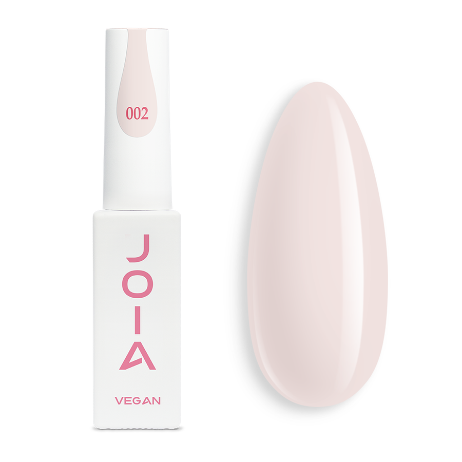 Гел лак 002 JOIA vegan, 6 ml – шишенцето и типсове с нанесен цвят