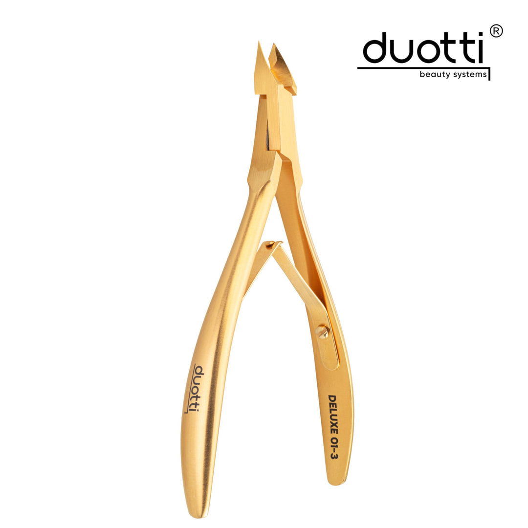 Професионални клещи за кожички Duotti DELUXE 01, златно покритие, матирани, L-113 mm, остриета 3 mm – от категория Клещи