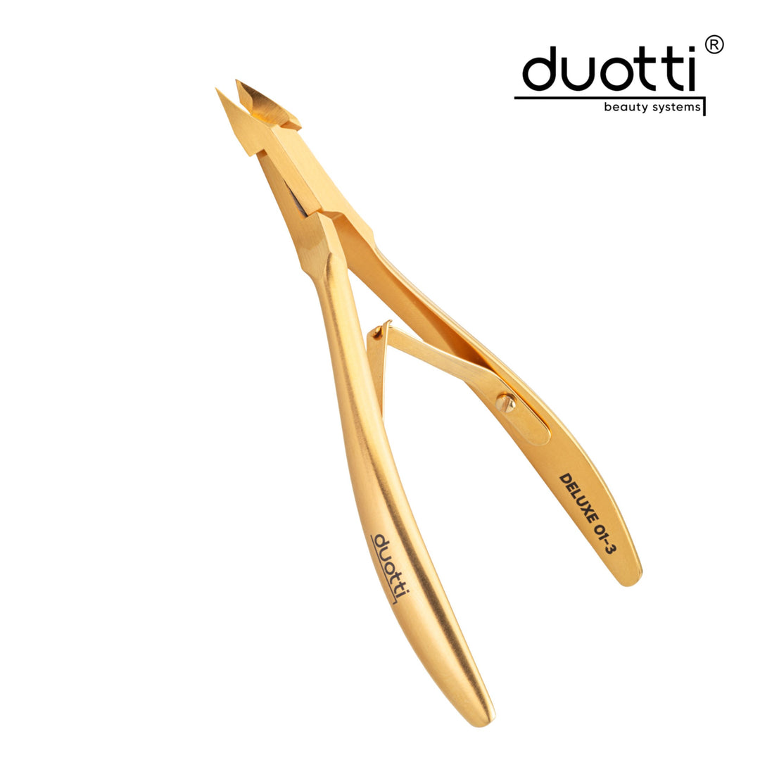 Професионални клещи за кожички Duotti DELUXE 01, златно покритие, матирани, L-113 mm, остриета 3 mm – клещи от Duotti Beauty Systems