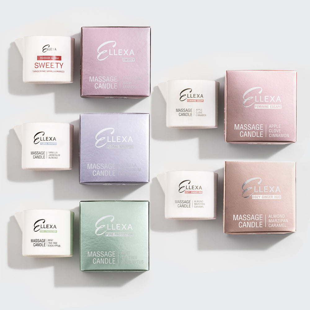 Комплект от 5 бр. масажни свещи ELLEXA - SWEETY, FLORAL WHISPER, PURE PROTECTION, COZY GINGER HUG, FEMININE ESCAPE