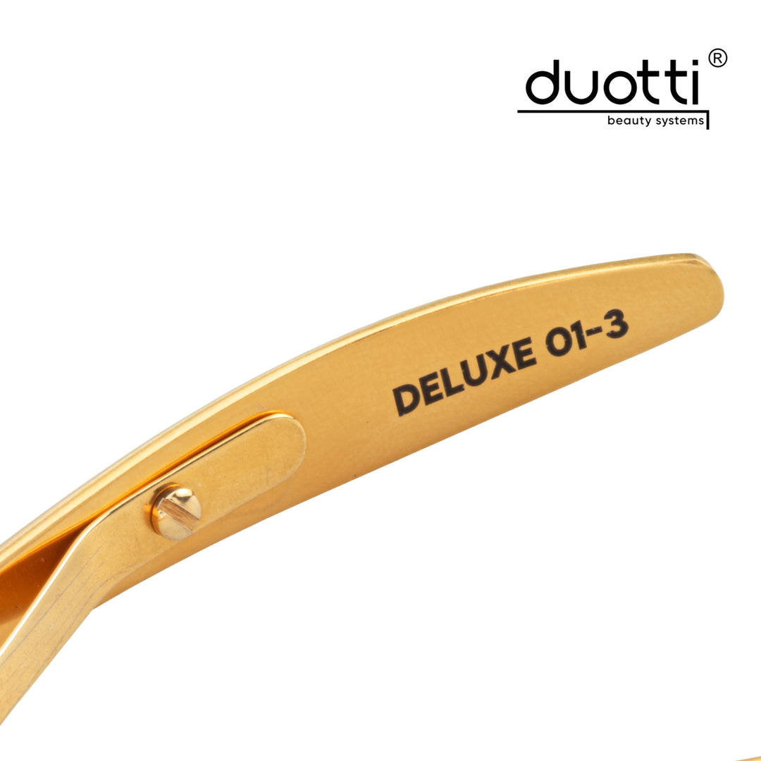 Професионални клещи за кожички Duotti DELUXE 01, златно покритие, матирани, L-113 mm, остриета 3 mm – за обработка на кожички