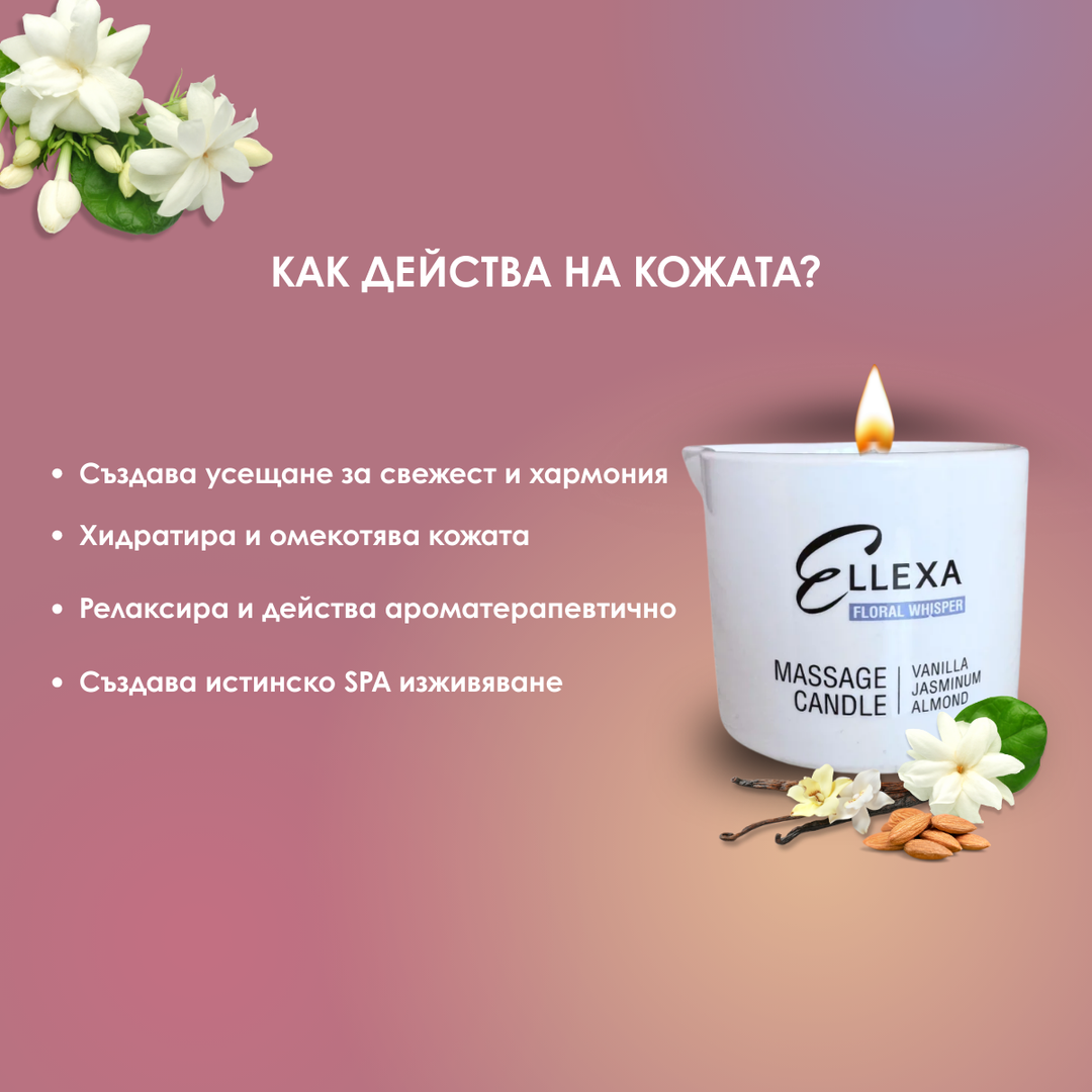 Масажна свещ ELLEXA FLORAL WHISPER - ванилия, жасмин, бадем – козметика за маникюр и ръце от ELLEXA