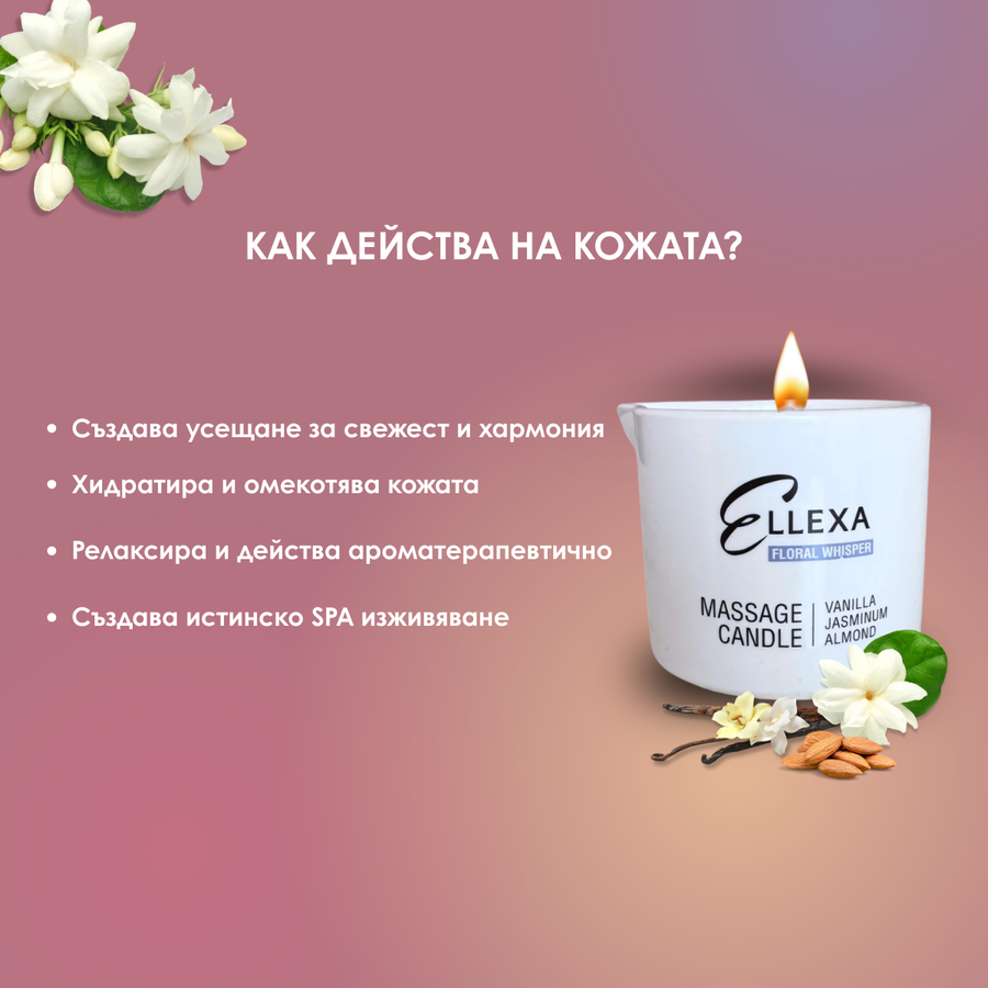 Масажна свещ ELLEXA FLORAL WHISPER - ванилия, жасмин, бадем – козметика за маникюр и ръце от ELLEXA