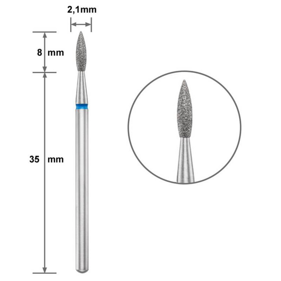 Диамантен накрайник Duotti - пламък - остър връх - синя насечка - ⌀ 2,1 mm, L- 8 mm – диамантен накрайник от Duotti Beauty Systems
