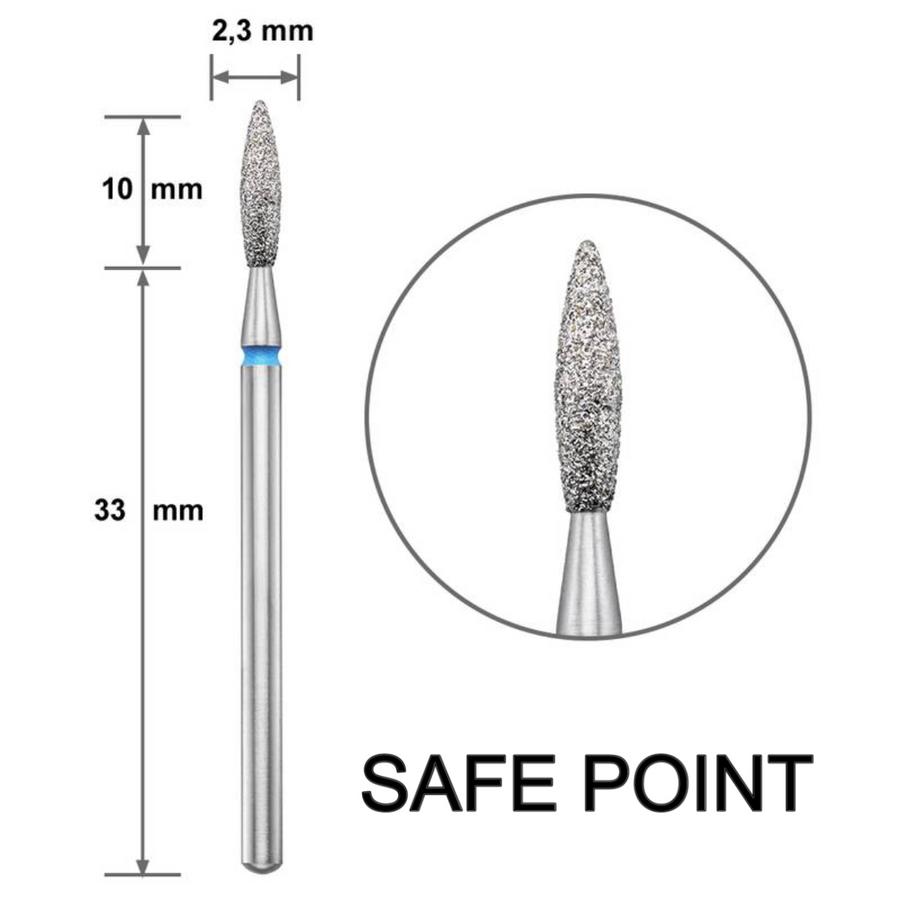 Диамантен накрайник Duotti - пламък - тъп връх - синя насечка - ⌀ 2,3 mm, L- 10 mm – диамантен накрайник от Duotti Beauty Systems