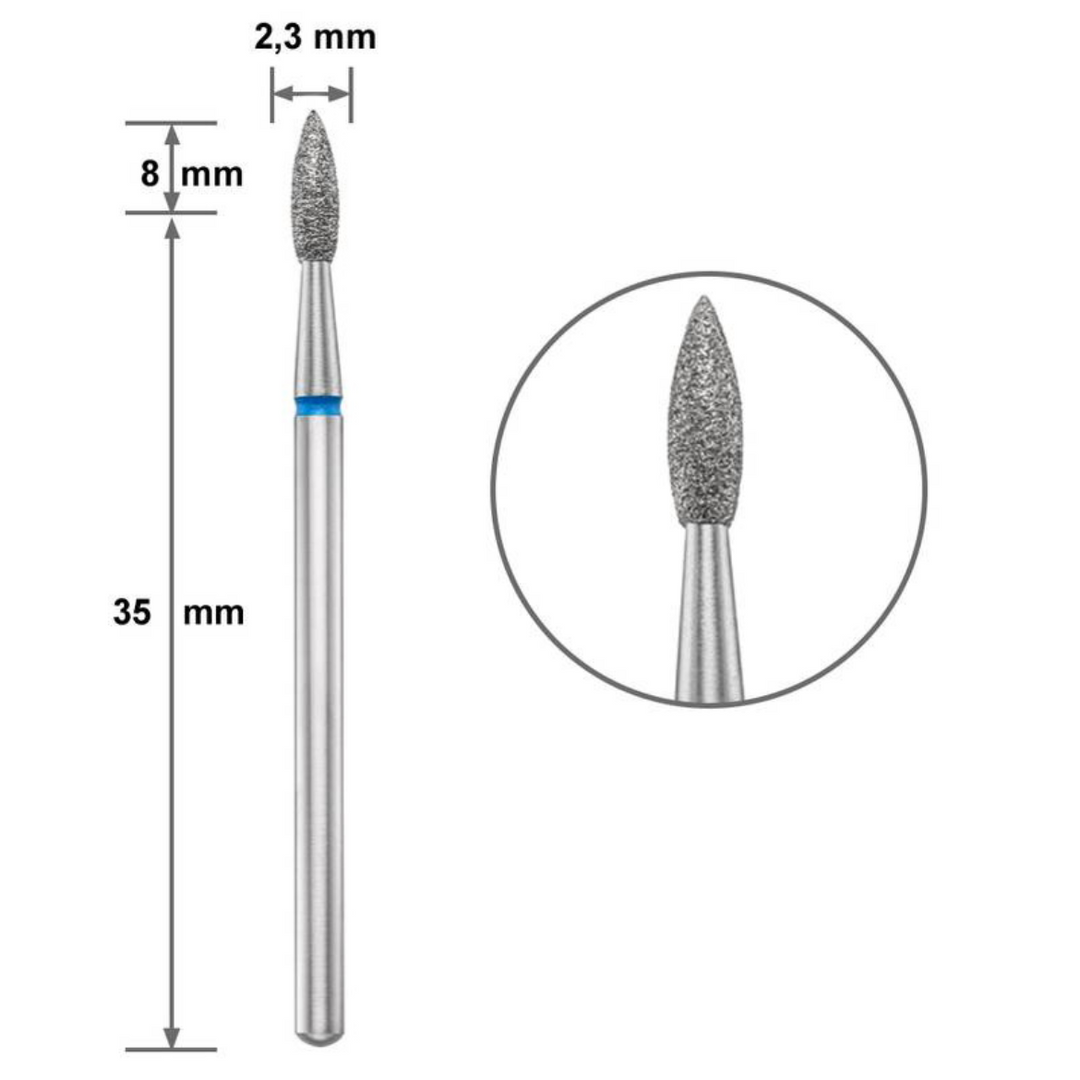 Диамантен накрайник Duotti - пламък - остър връх - синя насечка - ⌀ 2,3 mm, L- 8 mm – диамантен накрайник от Duotti Beauty Systems