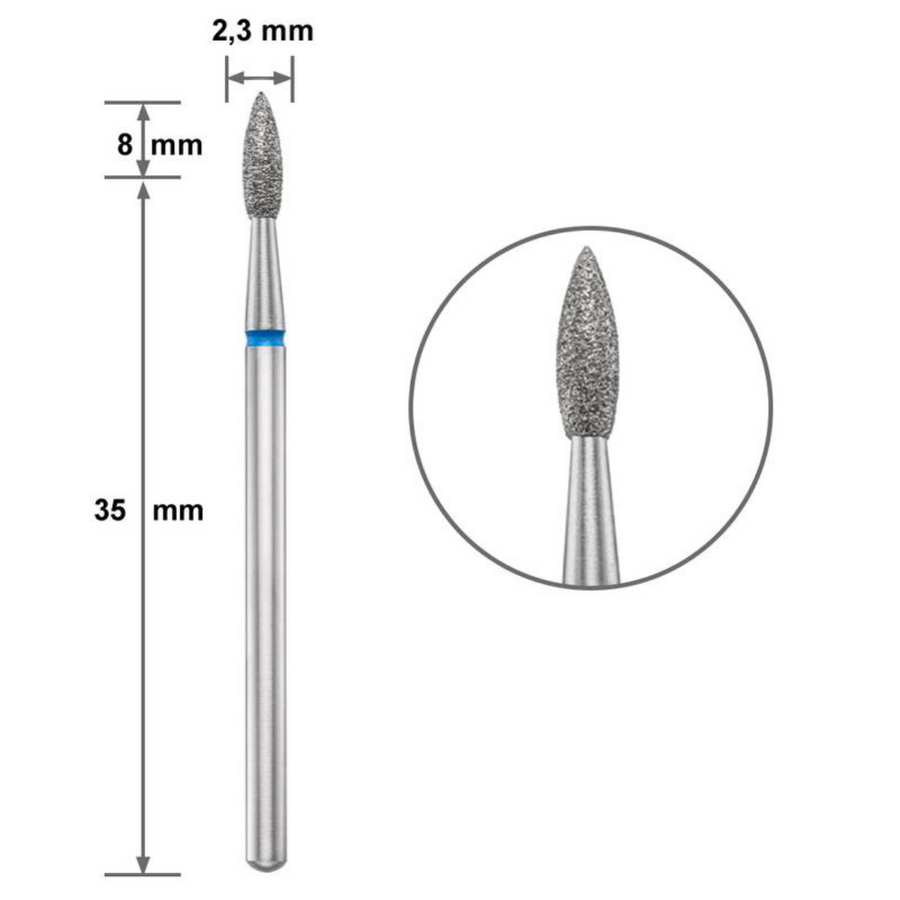 Диамантен накрайник Duotti - пламък - остър връх - синя насечка - ⌀ 2,3 mm, L- 8 mm – диамантен накрайник от Duotti Beauty Systems