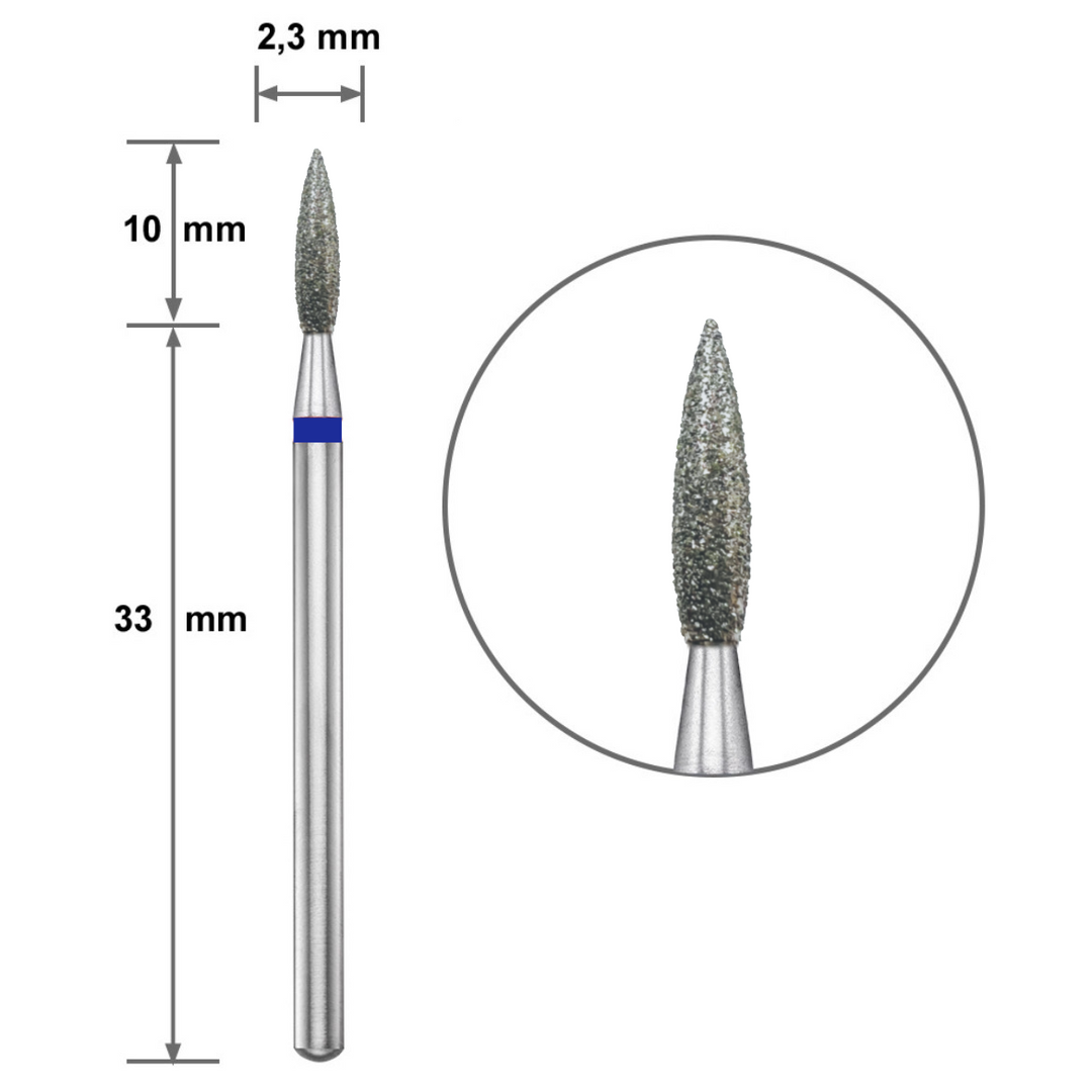 Диамантен накрайник Duotti - пламък - остър връх - синя насечка - ⌀ 2,3 mm, L- 10 mm – диамантен накрайник от Duotti Beauty Systems