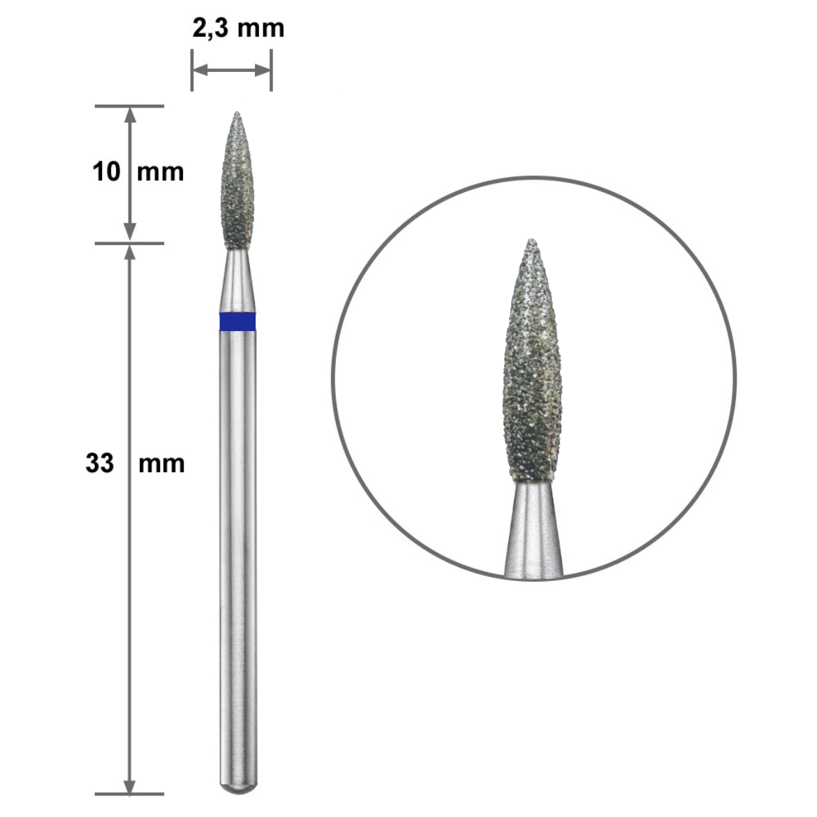Диамантен накрайник  Duotti - пламък - остър връх - синя насечка - ⌀ 2,3 mm, L- 10 mm