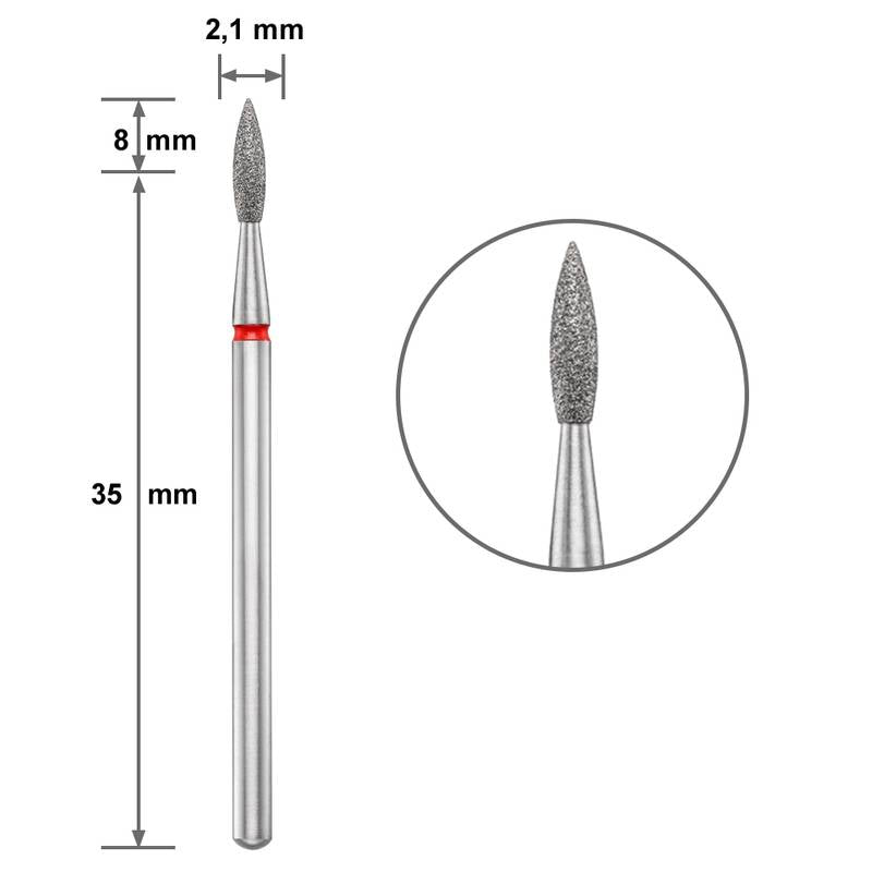 Диамантен накрайник Duotti - пламък - остър връх - червена насечка - ⌀ 2,1 mm, L- 8 mm – диамантен накрайник от Duotti Beauty Systems