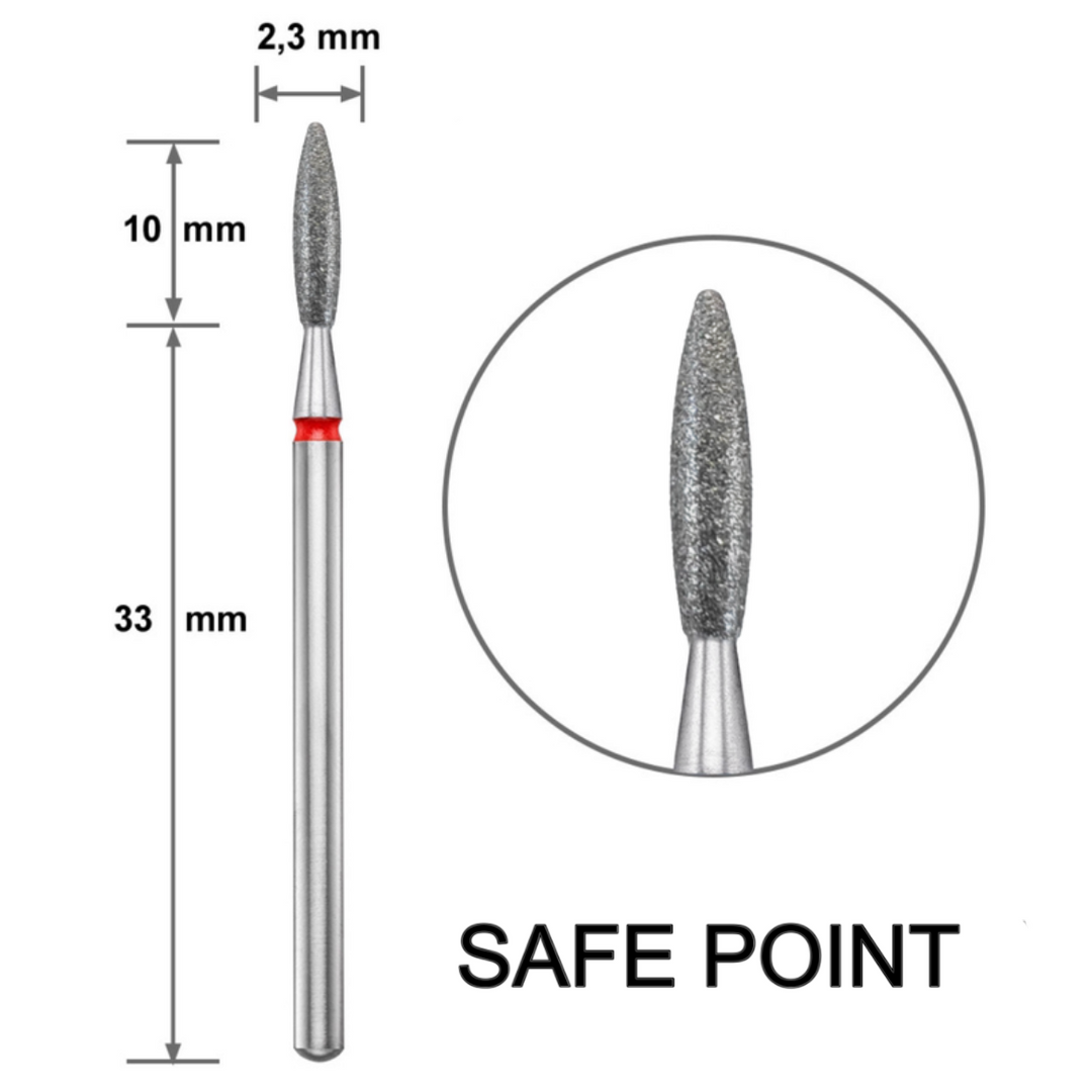 Диамантен накрайник Duotti - пламък - тъп връх - червена насечка - ⌀ 2,3 mm, L- 10 mm – диамантен накрайник от Duotti Beauty Systems