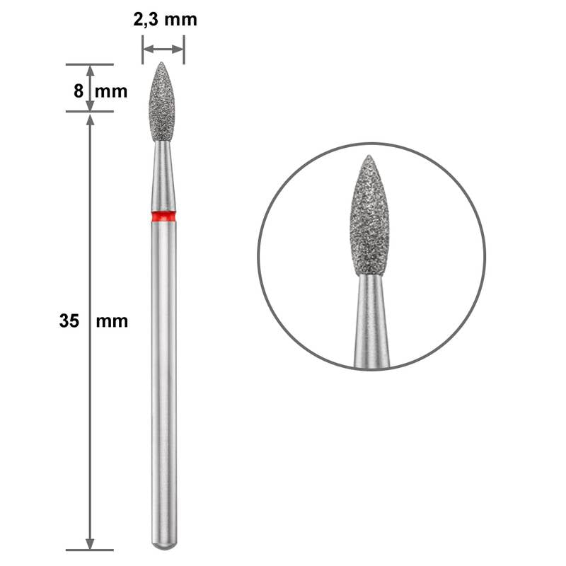 Диамантен накрайник Duotti - пламък - остър връх - червена насечка - ⌀ 2,3 mm, L- 8 mm – диамантен накрайник от Duotti Beauty Systems