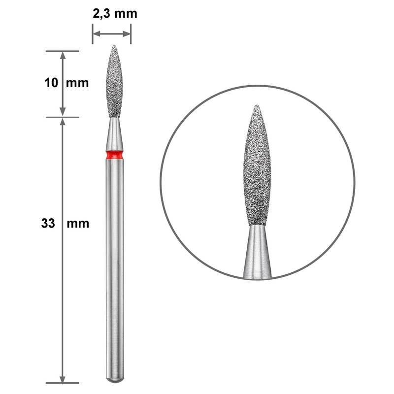 Диамантен накрайник Duotti - пламък - остър връх - червена насечка - ⌀ 2,3 mm, L- 10 mm – диамантен накрайник от Duotti Beauty Systems