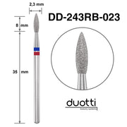 Диамантен накрайник Duotti - пламък - остър връх - червена и синя насечка - ⌀ 2,3 mm, L- 8 mm