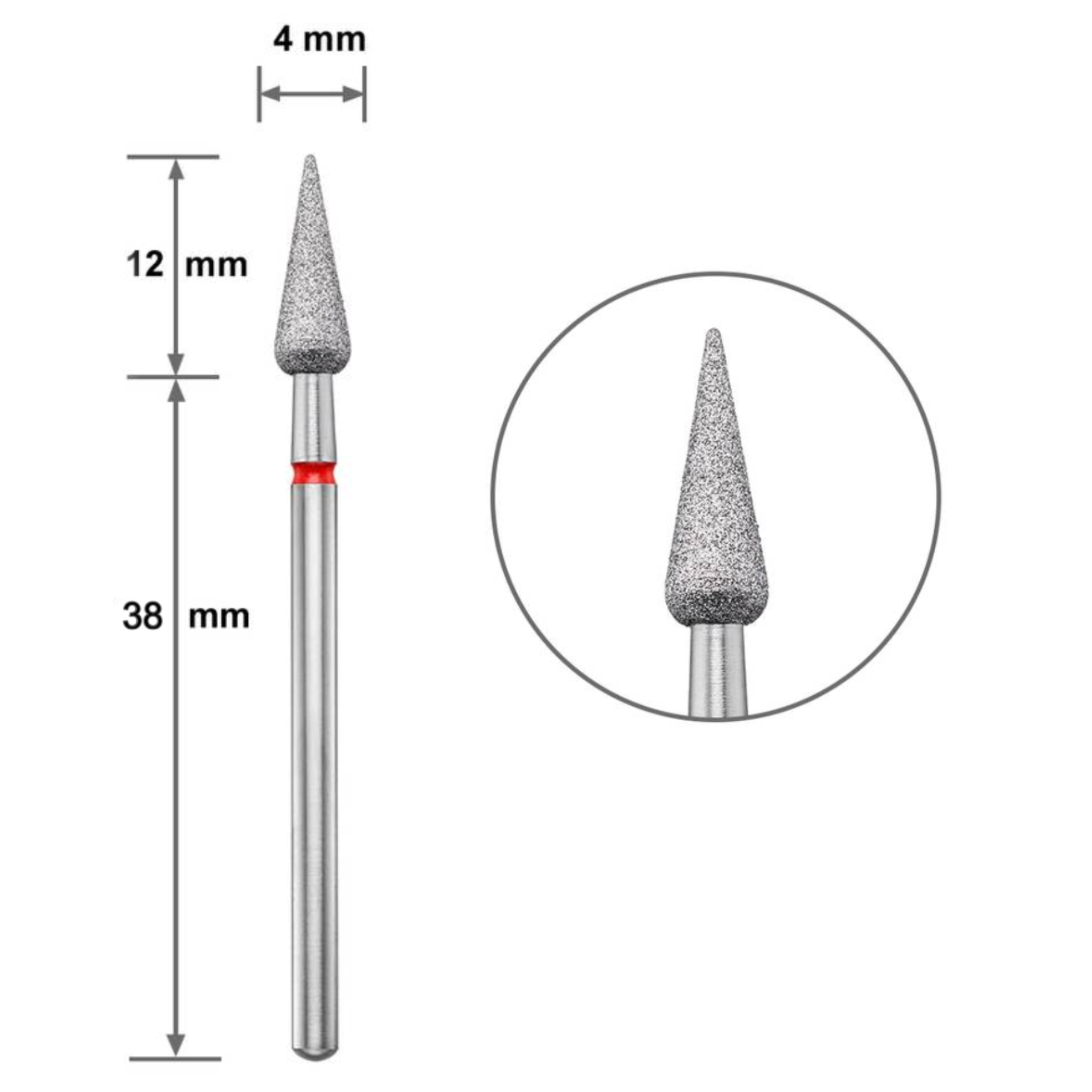 Диамантен накрайник Duotti - конус - остър връх - червена насечка - ⌀ 4 mm