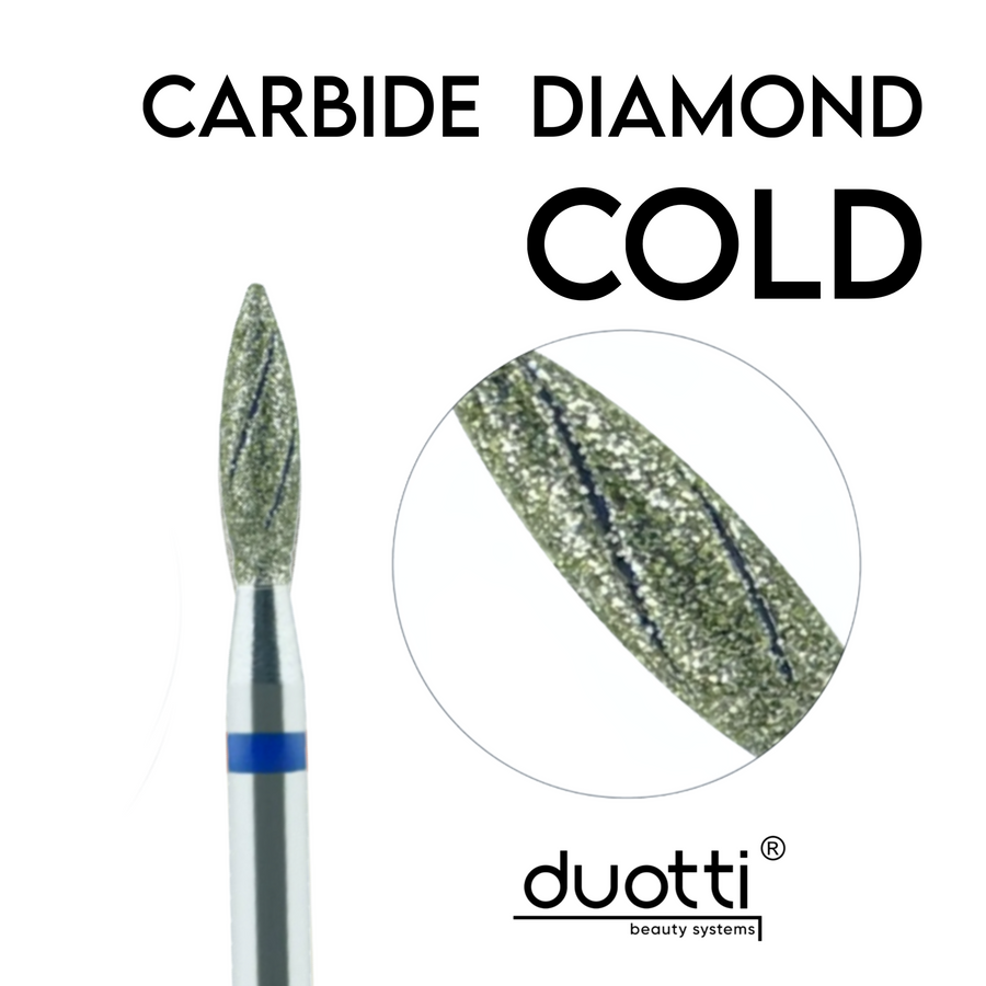 Карбидно-диамантен COLD накрайник Duotti - пламък - синя насечка - ⌀ 2,3 mm
