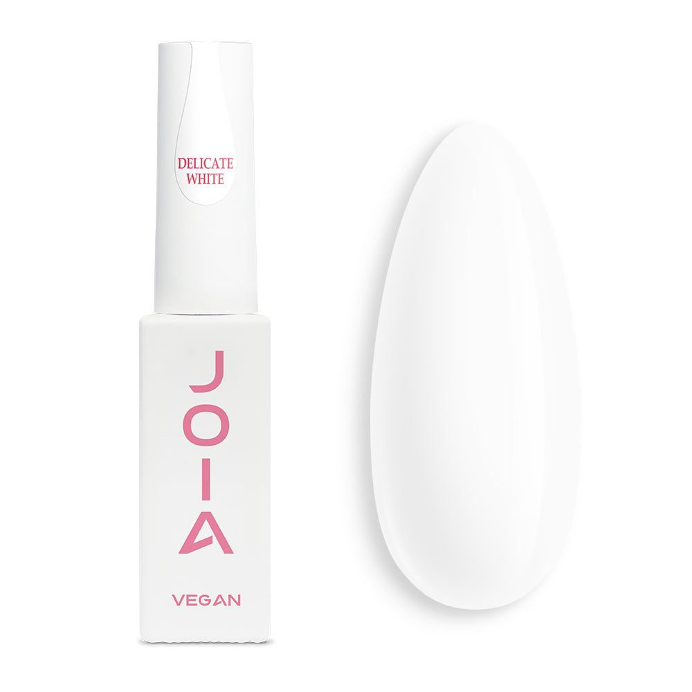 Течен гел JOIA vegan, Delicate White, 8 ml – шишенцето и типсове с нанесен цвят