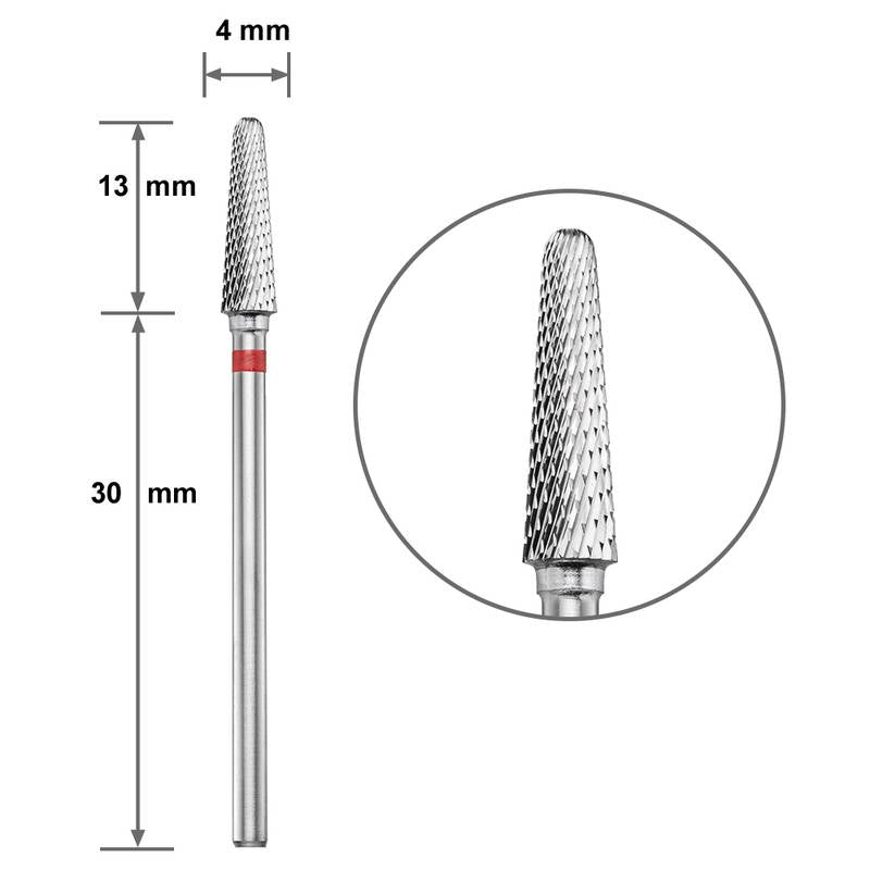 Твърдосплавен накрайник Duotti - отсечен конус - червена насечка - ⌀ 4 mm – твърдосплавен накрайник от Duotti Beauty Systems