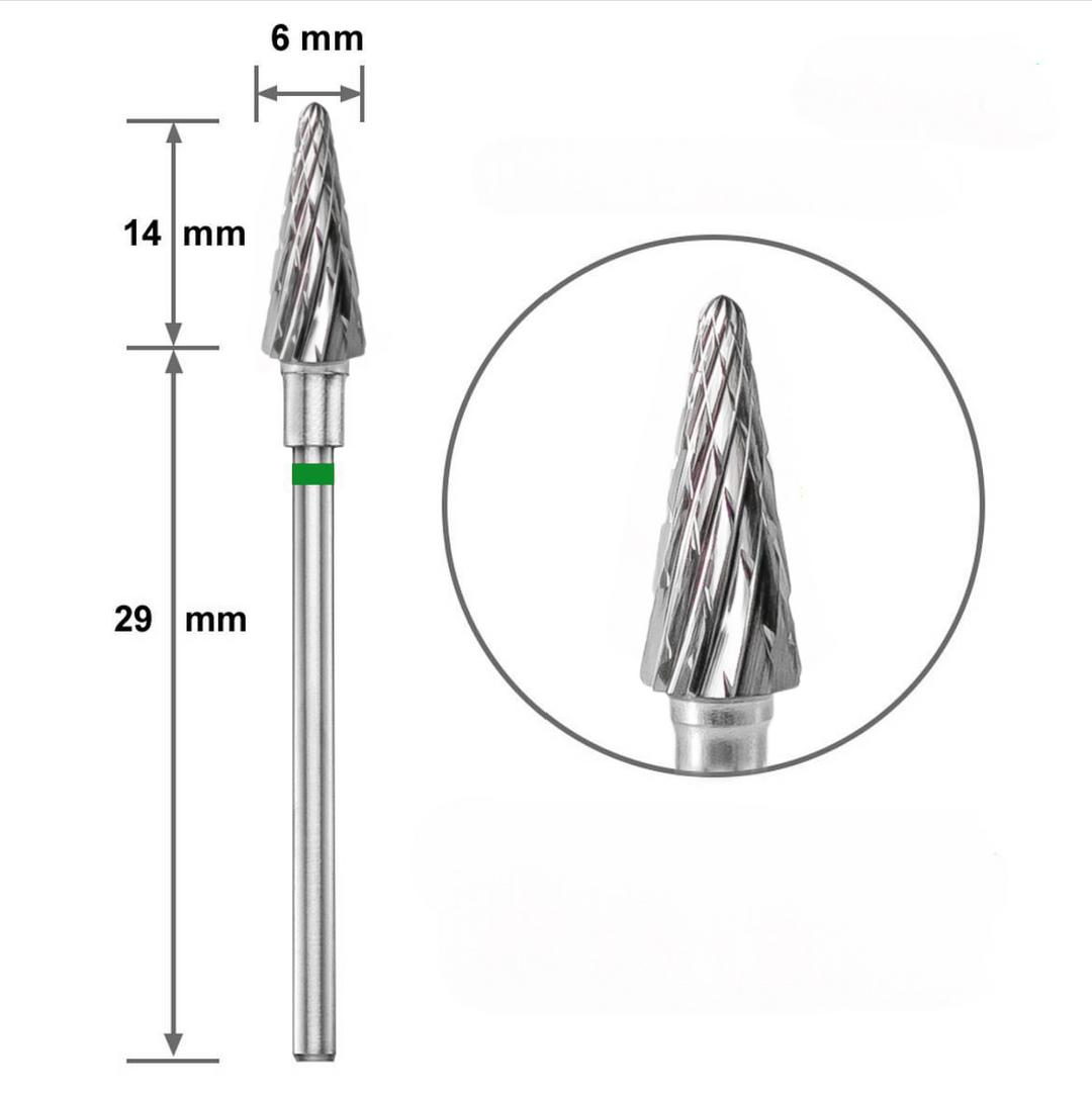 Твърдосплавен накрайник Duotti - конус - зелена насечка - ⌀ 6 mm – твърдосплавен накрайник от Duotti Beauty Systems