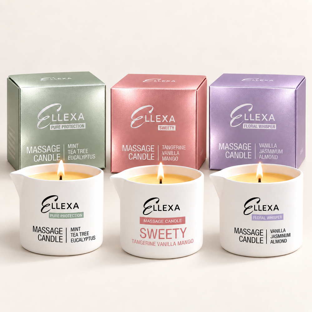 Комплект от 3 масажни свещи ELLEXA – PURE PROTECTION, SWEETY и FLORAL WHISPER с опаковки