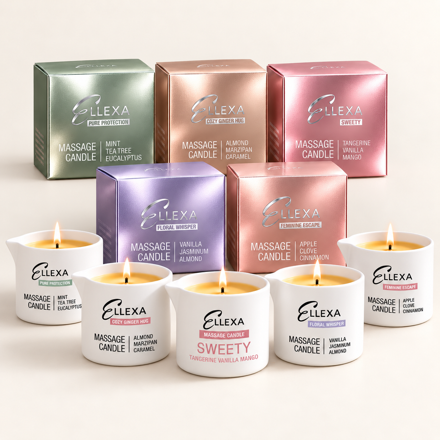 Комплект от 5 масажни свещи ELLEXA – SWEETY, FLORAL WHISPER, PURE PROTECTION, COZY GINGER HUG и FEMININE ESCAPE