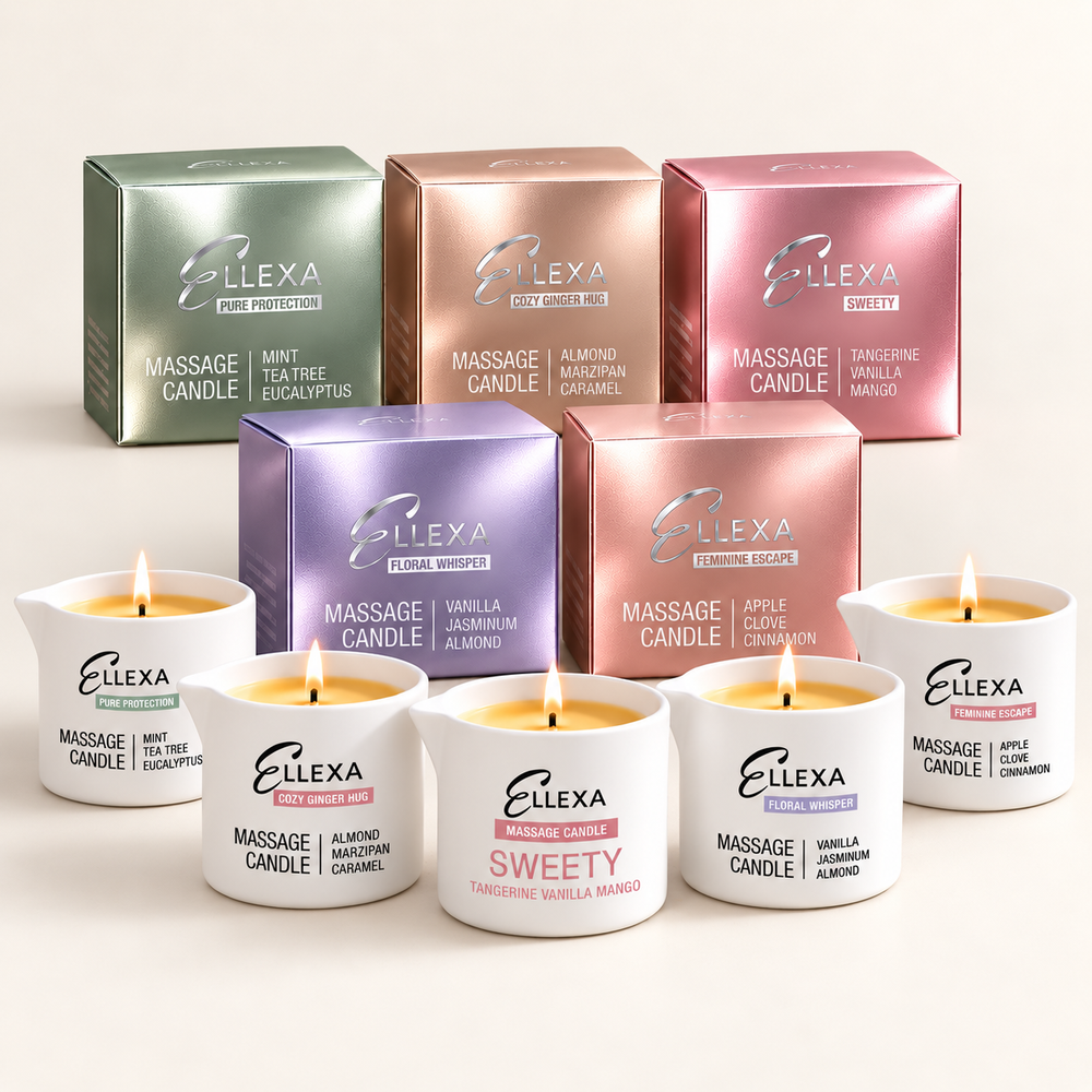Комплект от 5 масажни свещи ELLEXA – SWEETY, FLORAL WHISPER, PURE PROTECTION, COZY GINGER HUG и FEMININE ESCAPE