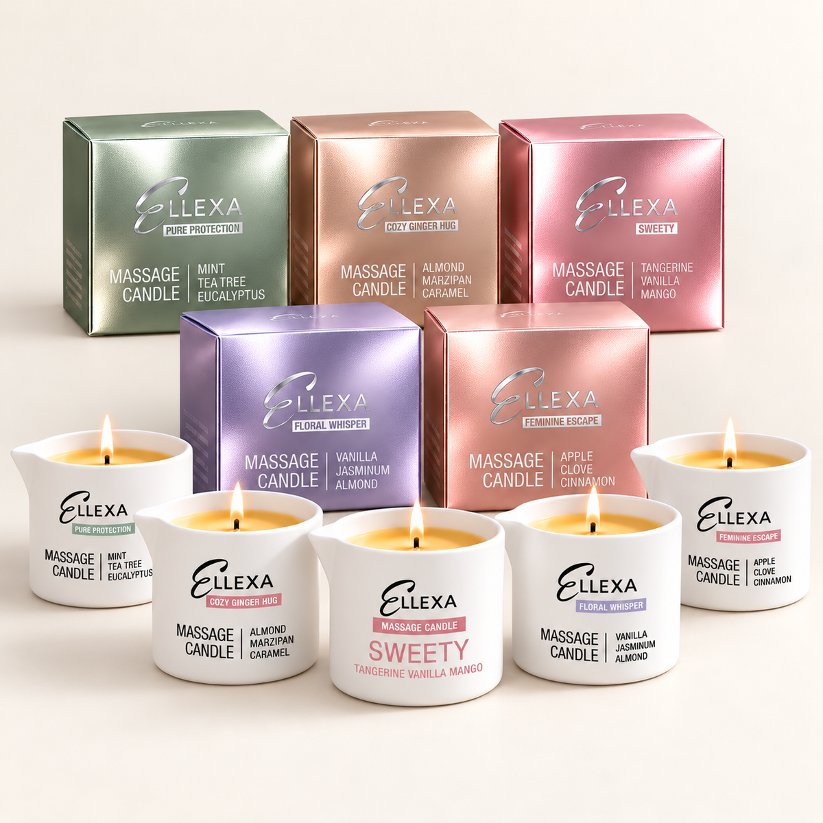 Комплект от 5 масажни свещи ELLEXA – SWEETY, FLORAL WHISPER, PURE PROTECTION, COZY GINGER HUG и FEMININE ESCAPE