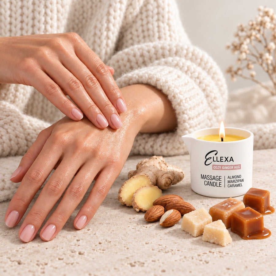 Масаж на ръце с масажна свещ ELLEXA COZY GINGER HUG – разтопено масло за подхранване на кожата