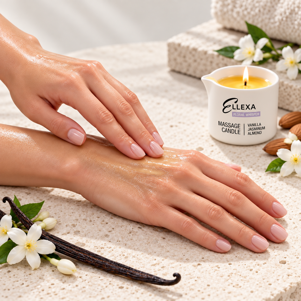Масаж на ръце с масажна свещ ELLEXA FLORAL WHISPER – разтопено масло за подхранване на кожата
