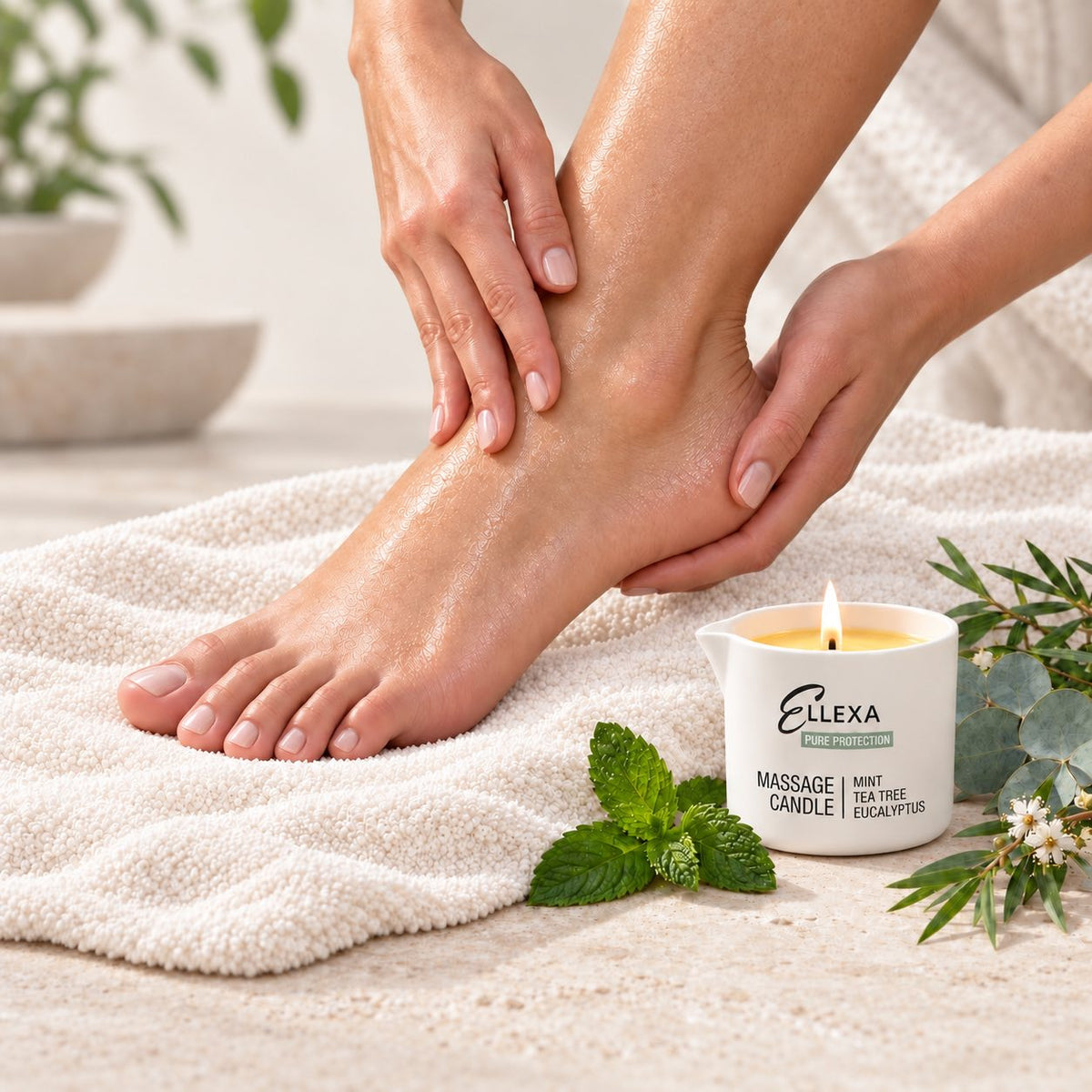 Масаж на стъпала с масажна свещ ELLEXA PURE PROTECTION – грижа за кожата след педикюр